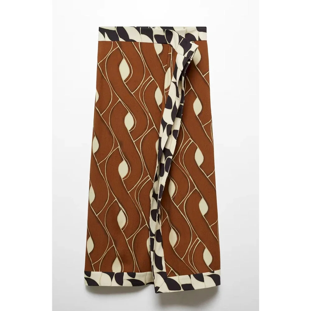NWT MANGO MNG BROWN RUFFLE PRINT MIDI SKIRT SZ M
